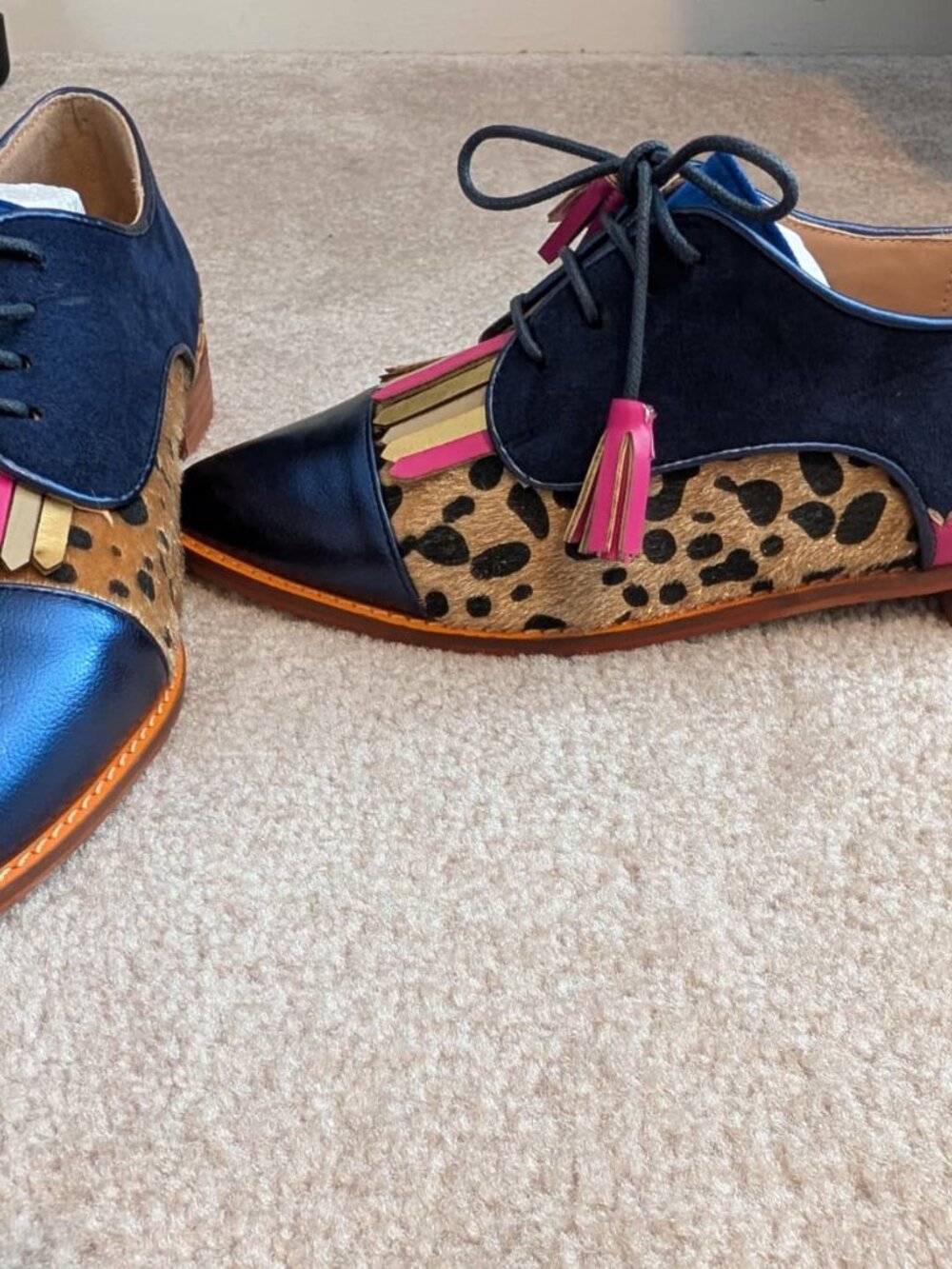 Boutique Leopard Print Tassel Oxford Flats | Navy & Gold Statement Loafer - Picture 2 of 5